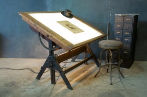 1920s Oak Iron Drafting Table Lit via Modern 50