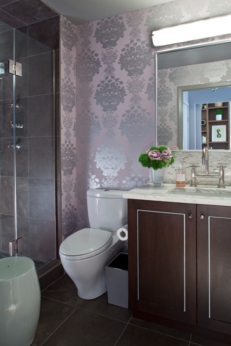 Transitional Bathroom with Metallic Wallpaper Pattern Client Kafka Curtis Martin.jpg