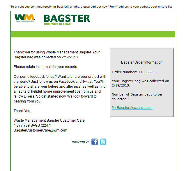 Bagster Bag Collection Confirmation